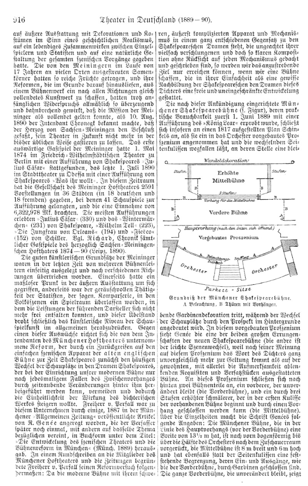 Schwarze-Weiß-Zeichnung eines Mannes in Anzug und Krawatte mit ernstem Gesichtsausdruck auf einer Buchseite mit der Überschrift "Theater in Deutscherland", mit einer kleinen Theater-Skizze im Hintergrund.