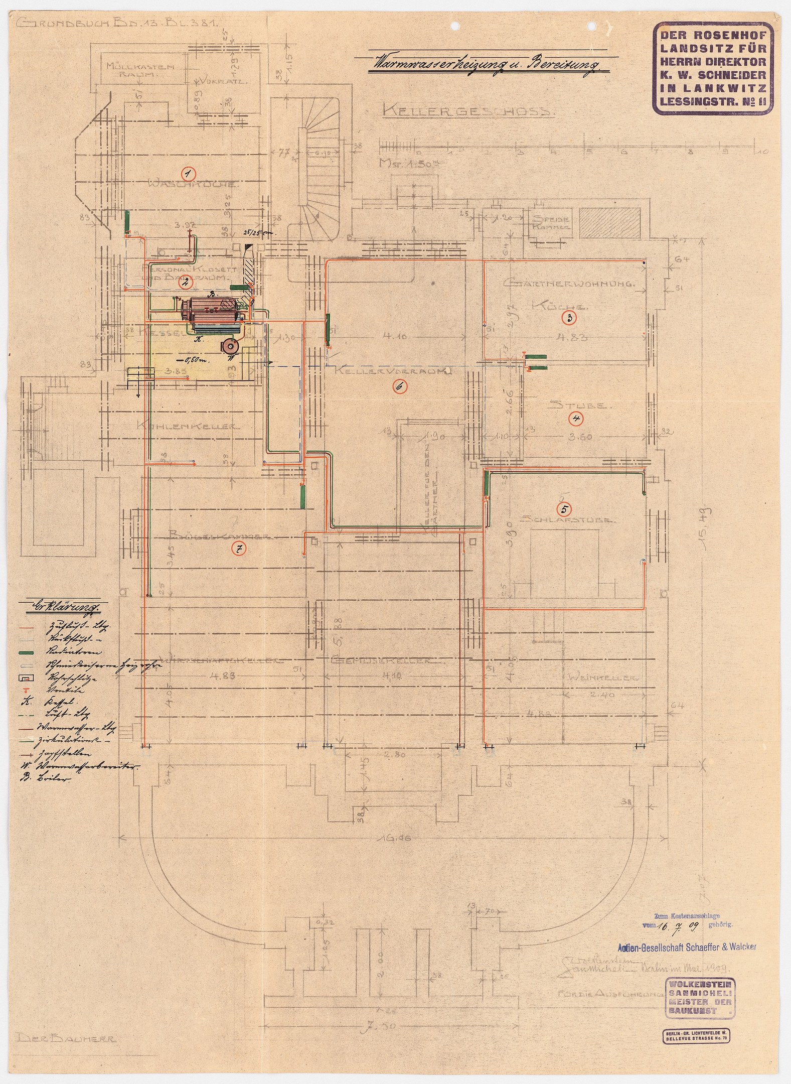 Schwarz-weißer Architekturentwurf des Rosenhof-Krankenhauses in Hamburg, Deutschland, der detaillierte Layout mit zahlreichen Drähten zeigt, die elektrische oder strukturelle Pläne und begleitende handgeschriebene Textanmerkungen enthalten.