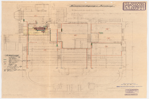 Schwarz-weißer Architekturentwurf des Rosenhof-Krankenhauses in Hamburg, Deutschland, der detaillierte Layout mit zahlreichen Drähten zeigt, die elektrische oder strukturelle Pläne und begleitende handgeschriebene Textanmerkungen enthalten.