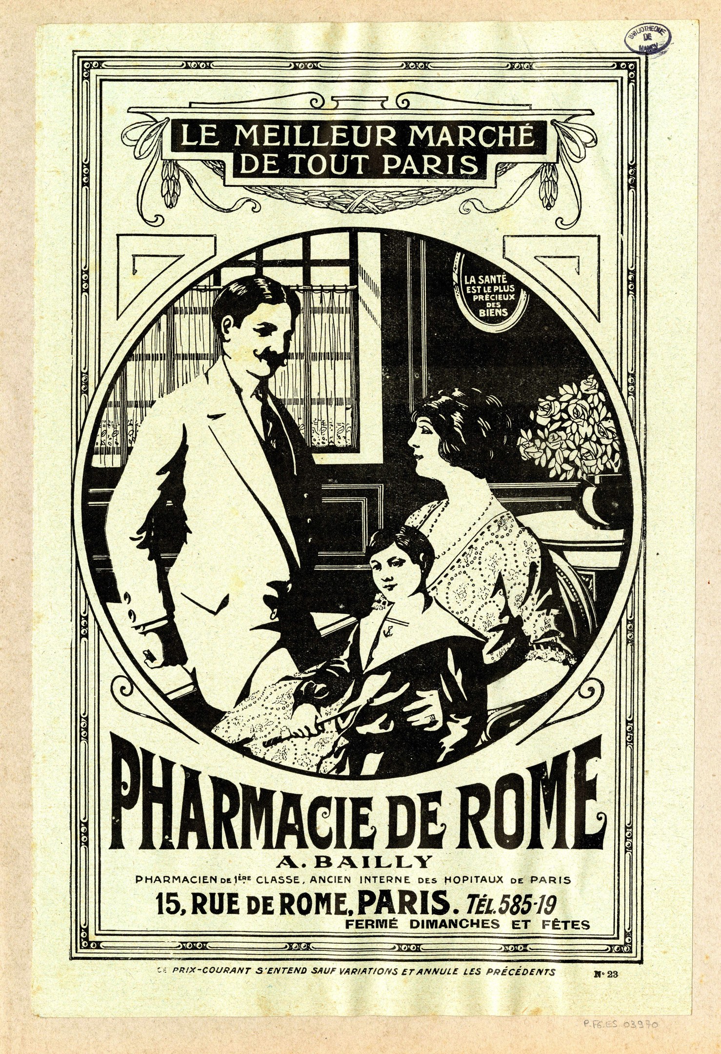 Schwarz-weiß-Anzeige für eine Apotheke in Rom, die einen Mann und eine Frau zeigt, die nebeneinander stehen, mit Text, der die Apotheke und ihre Dienstleistungen beschreibt.