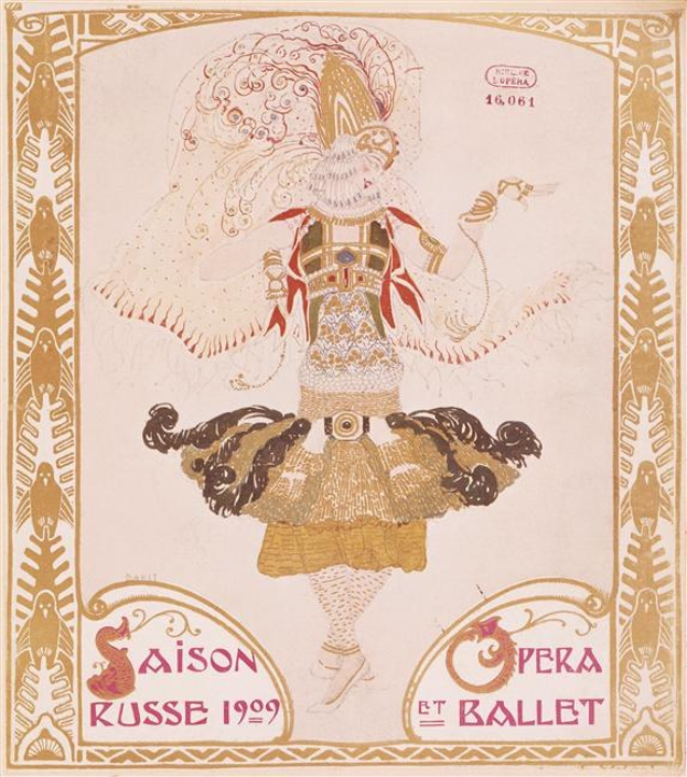Plakat für eine 1909er Pariser Ballettvorstellung namens "Saison Russe", das eine gemalte Figur in einer anmutigen Pose mit dem Text "Opera et Ballet" darüber zeigt.