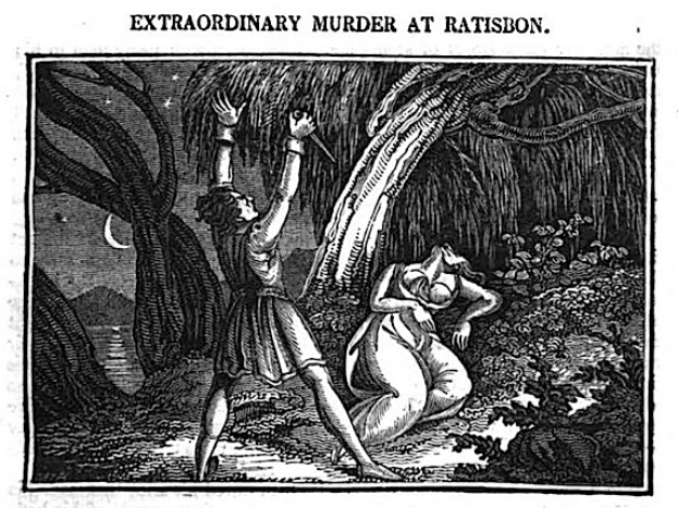 Eine Schwarz-Weiß-Illustration eines Mannes und einer Frau im Wald, mit Bäumen im Hintergrund und dem Text "Außergewöhnlicher Mord bei Ratison" oben und unten.