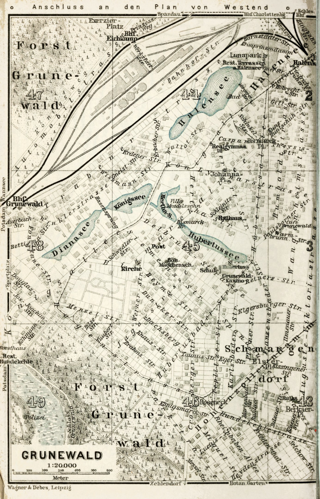 Detailiertes altes Stadtplan von Grunewald, Deutschland, mit Straßen, Gebäuden und Sehenswürdigkeiten mit Textanmerkungen.