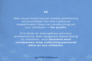 Ein Plakat mit einem Zitat aus 'Building a Better America', das lautet: 'Wir müssen soziale Medien-Plattformen für das nationale Experiment zur Rechenschaft ziehen, das sie an unseren Kindern durchführen – zum Profit.', geschmückt mit Sternen.