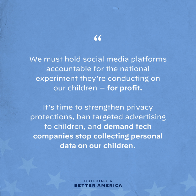 Ein Plakat mit einem Zitat aus 'Building a Better America', das lautet: 'Wir müssen soziale Medien-Plattformen für das nationale Experiment zur Rechenschaft ziehen, das sie an unseren Kindern durchführen – zum Profit.', geschmückt mit Sternen.