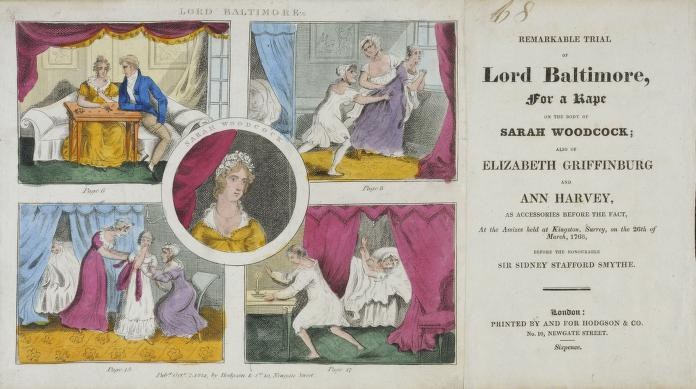Eine historische Dokumentenillustration eines Prozesses zeigt ein Blatt mit Porträts, Vorhängen und Texten im Zusammenhang mit einem Vergewaltigungsfall, an dem Sarah Woodcock und Elizabeth Griffinburg beteiligt waren.