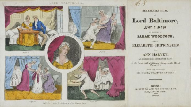 Eine historische Dokumentenillustration eines Prozesses zeigt ein Blatt mit Porträts, Vorhängen und Texten im Zusammenhang mit einem Vergewaltigungsfall, an dem Sarah Woodcock und Elizabeth Griffinburg beteiligt waren.