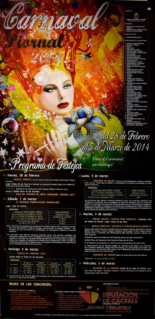 Plakat für das Karnevalsfest 2014 mit einer lachenden Frau in einem bunten Kleid auf einem gelben Hintergrund, umgeben von schwarzem Text.