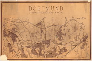 Ein detailliertes altes Stadtplan von Dortmund, Deutschland, das Stra├čen, Geb├Ąude und Landmarken mit Textanmerkungen zeigt.