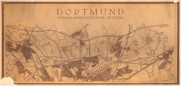 Ein detailliertes altes Stadtplan von Dortmund, Deutschland, das Stra├čen, Geb├Ąude und Landmarken mit Textanmerkungen zeigt.