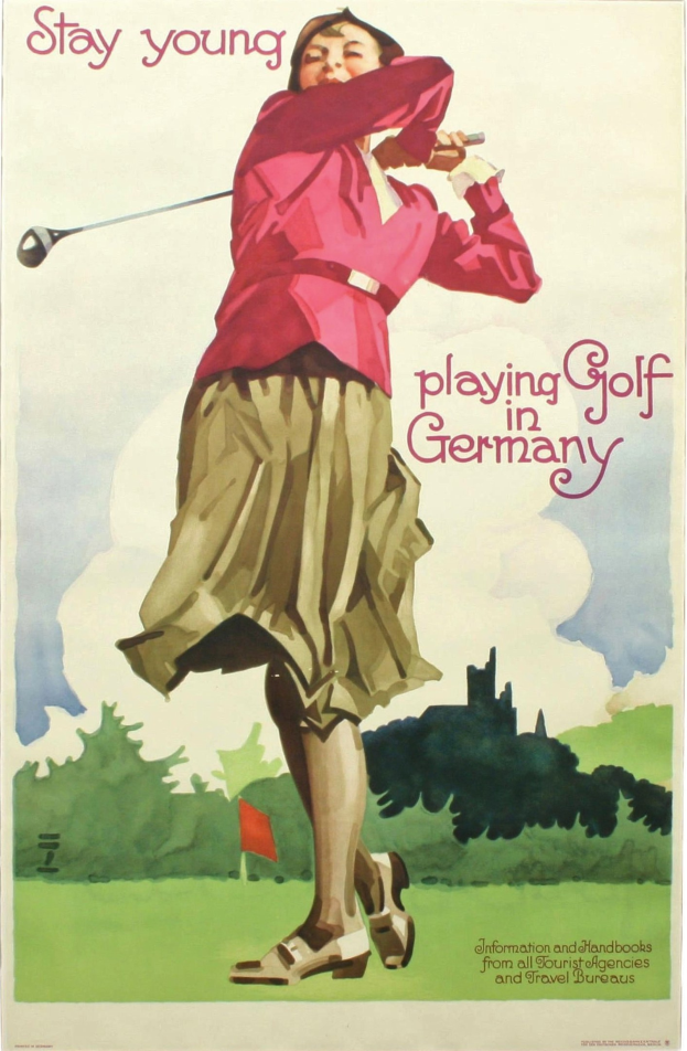 Ein Plakat, das eine Frau mit einem Golfschläger in der Hand zeigt, umgeben von Bäumen und einer Fahne im Hintergrund, begleitet von Text über einen Golfplatz in Deutschland.