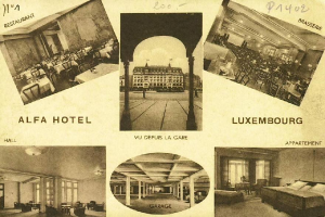 Eine alte Ansichtskarte des Alfa Hotels in Luxemburg, die eine Collage von Innenansichten zeigt, darunter Tische, Stühle, Betten, Säulen, Fenster und Text mit Hotelinformationen.