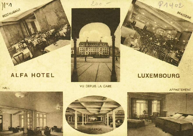 Eine alte Ansichtskarte des Alfa Hotels in Luxemburg, die eine Collage von Innenansichten zeigt, darunter Tische, Stühle, Betten, Säulen, Fenster und Text mit Hotelinformationen.