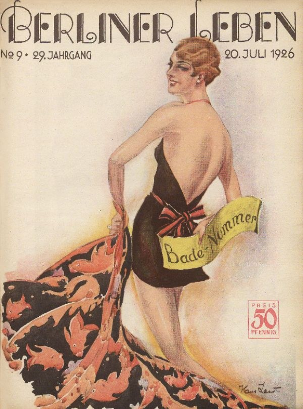 Titelbild der Berliner Leben Zeitschrift aus dem Juni 1926 mit einer Frau in einem Badeanzug, die ein Tuch hält, und dem Zeitschriftennamen oben drauf.