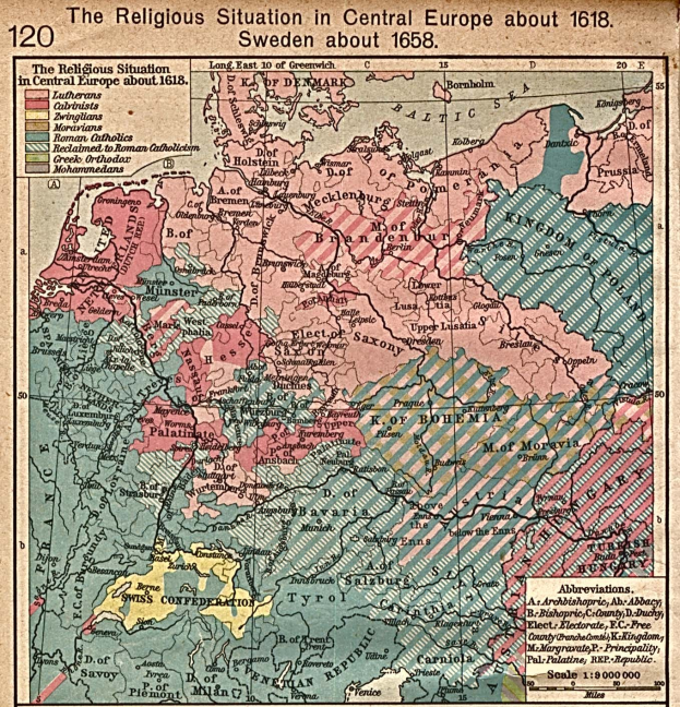 Historische Karte von Mitteleuropa aus dem Jahr 1618, die die religiöse Landschaft der Region mit detaillierten Anmerkungen zeigt.
