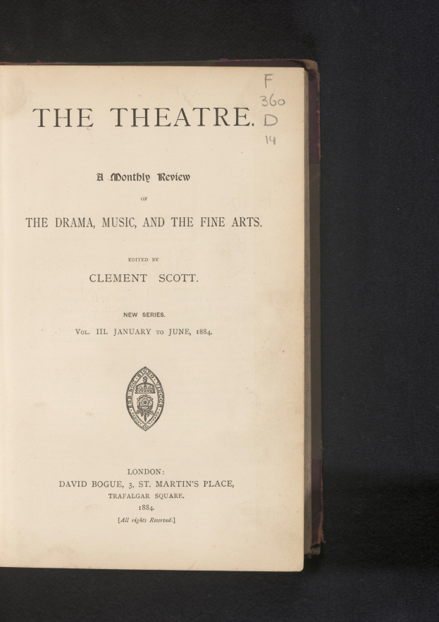 Ein Buch mit dem Titel "The Theatre: A Monthly Review of the Drama, Music, and the Fine Arts" aufgeschlagen auf einer Seite mit Text und einem Logo.
