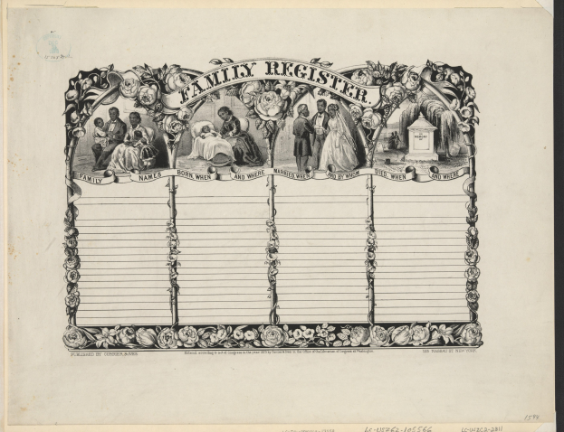 Schwarz-weiß-Familienbuch mit Gruppenfoto in der Mitte und handgeschriebenem Text über die Familienmitglieder.