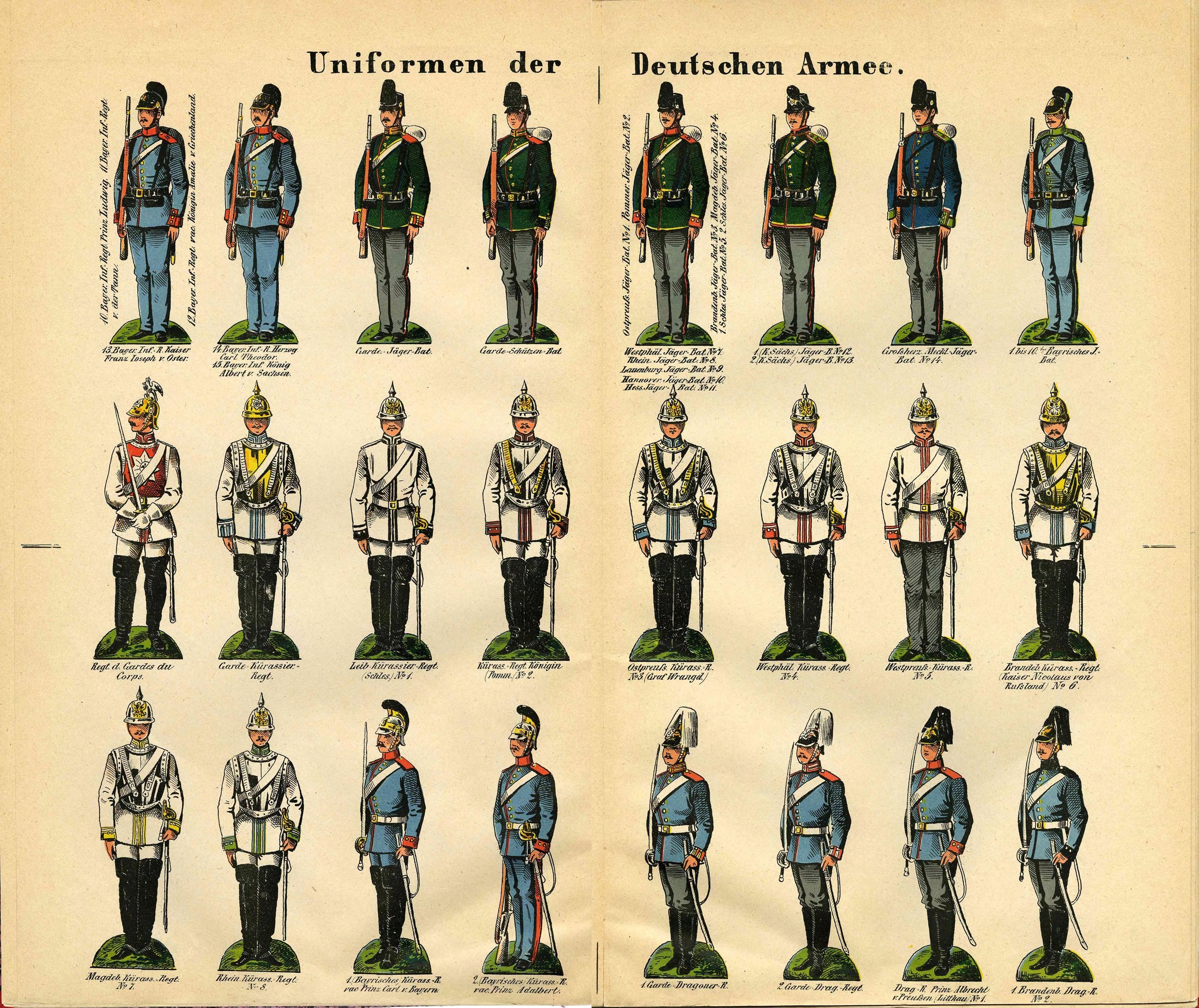 Ein Buch mit leuchtend bunten Militäruniformen der deutschen Armee, das detaillierte Elemente wie Helme, Gewehre und andere Waffen zeigt.