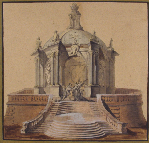 Zeichnung eines klassizistischen Brunnens mit einer Statue darauf, umgeben von Stufen und zusätzlichen Skulpturen.