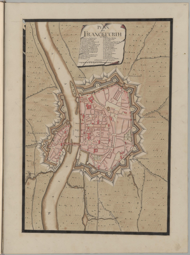 Altes Buch zeigt detaillierte Karte von Frankfurt, Deutschland, mit Straßen, Gebäuden und Sehenswürdigkeiten.