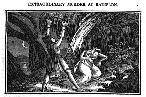 Eine Schwarz-Weiß-Illustration eines Mannes und einer Frau im Wald, mit Bäumen im Hintergrund und dem Text "Außergewöhnlicher Mord bei Ratison" oben und unten.