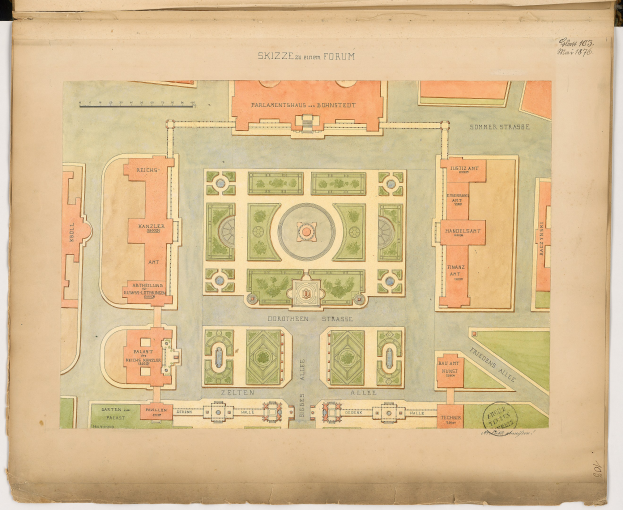 Ein altes Buch mit einer detaillierten Parkplanzeichnung auf dem Cover, das Wege, Bäume und weitere Merkmale zeigt, begleitet von Texten über die Parkgröße, den Standort und die Ausstattung.