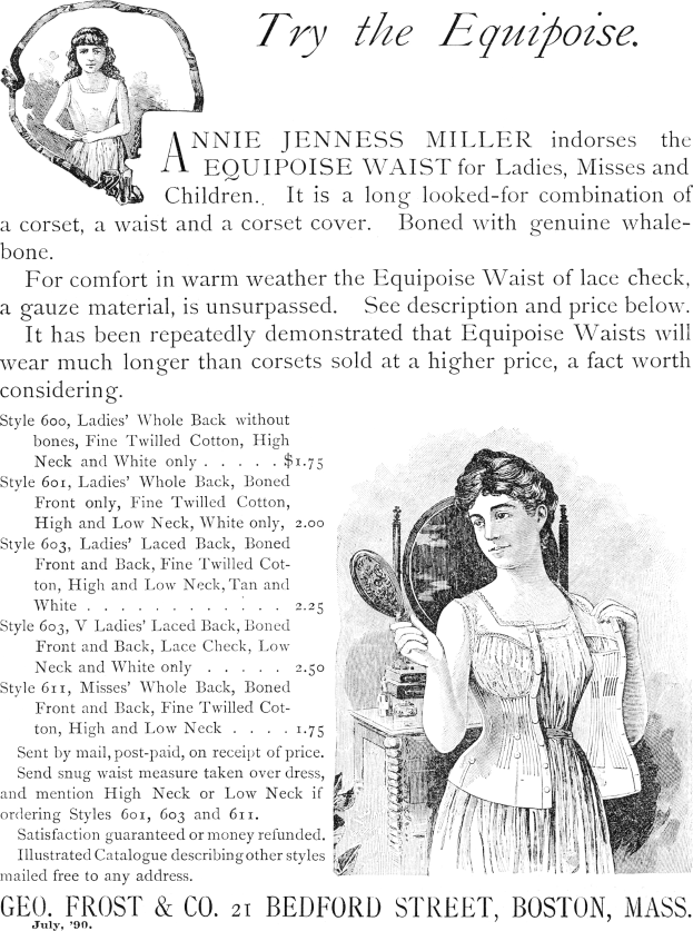 Werbung für den Equipment Waist von Annie Jenness Miller für Damen, mit einer Frau, die einen Spiegel hält und Text beschreibt das Produkt.