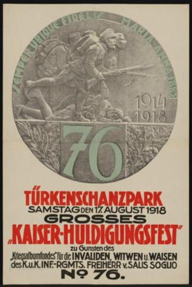 Plakat zum 70-jährigen Jubiläum des Kaiser-Huldigungsfestes in Berlin, Deutschland, mit einer Gruppe von Menschen in der Mitte, umrahmt von Text und Zahlen in einem klassischen Rahmen.