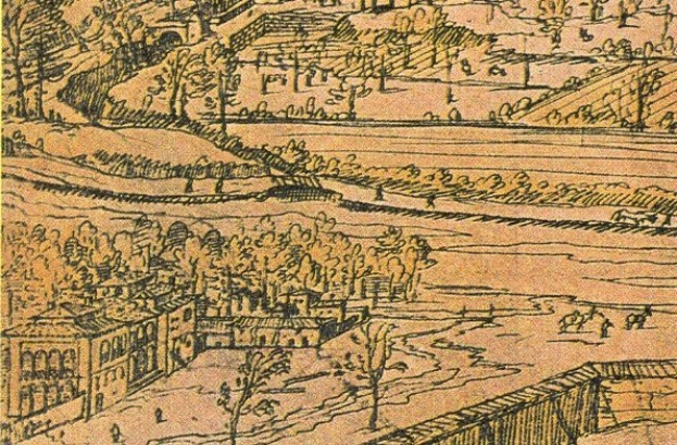 Eine Zeichnung einer Stadt mit einem gewundenen Fluss, umgeben von üppigen grünen Bäumen und hohen Gebäuden, die eine friedliche Atmosphäre vermitteln.