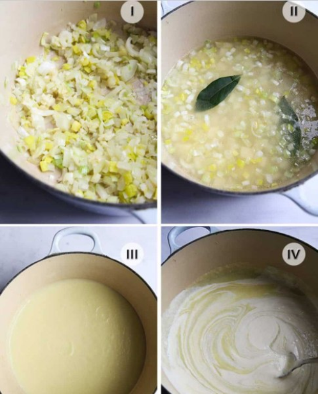 Eine Collage aus vier Fotos, die den Prozess des Kocheins zeigen: Gemüse schneiden, Zutaten hinzufügen, mischen und die fertige Suppe zum Servieren.