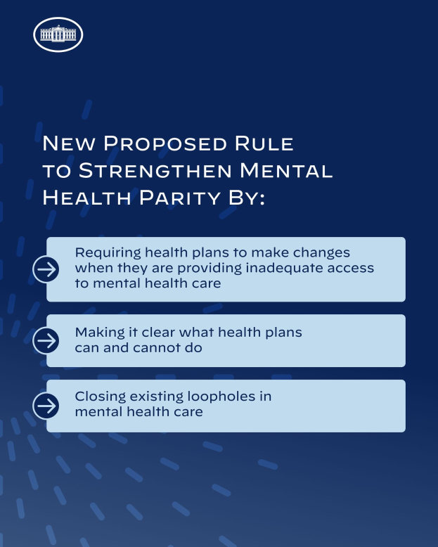 Ein blauer Hintergrund mit weißer Schrift, die eine neue Regelung zur Stärkung der psychischen Gesundheit umreißt, und ein weißer Kreis mit einem blauen Umriss-Logo.