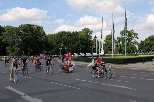 Eine Gruppe von Menschen fährt mit Fahrrädern eine von Bäumen gesäumte Straße mit Laternen- und Fahnenmasten entlang während der Pariser Fahrradtour 2016, mit Fahrzeugen im Hintergrund und einer bewölkten Himmel.