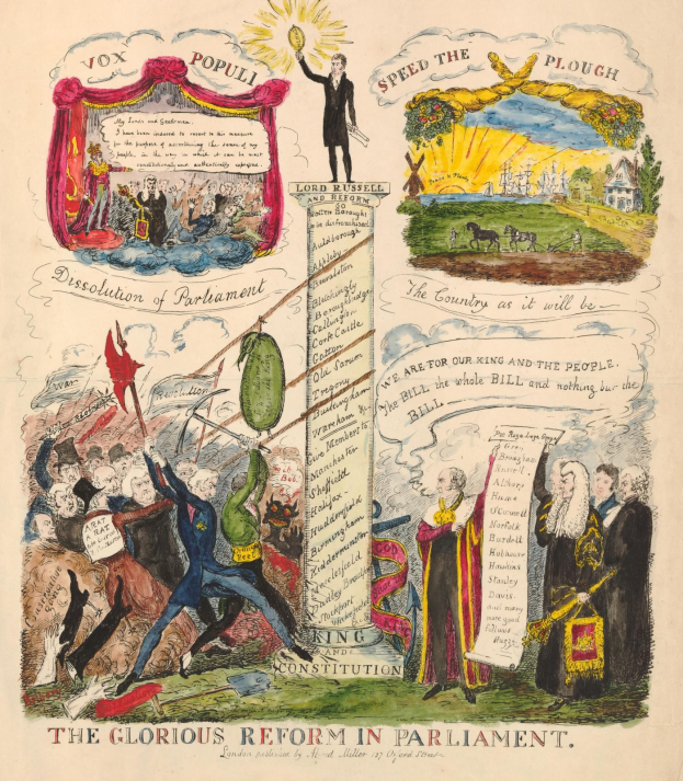 Eine bunte Papierreportage mit dem Titel "Die glorreiche Reform im Parlament", die mutige Texte und diverse, strahlende Menschen zeigt und Fortschritt und Hoffnung symbolisiert.