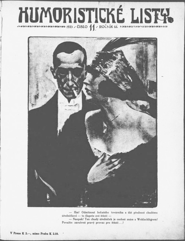 Schwarz-weißes Magazin-Cover mit der Überschrift 'Humoristische Liste', das einen Mann in Anzug mit ernster Miene und eine Frau zeigt, die mit leichtem Grinsen wegsieht.