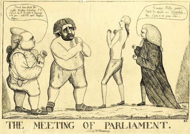 Eine handgezeichnete Skizze von drei Menschen, die stehen und diskutieren, mit einer Person, die animiert gestikuliert, unter dem Titel "Die Parlamentssitzung."