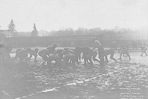 Ein Schwarz-Weiß-Foto einer Gruppe von Menschen, die Fußball auf einem Feld spielen, mit Pferden im Vordergrund und Bäumen, Gebäuden und Himmel im Hintergrund. Unten auf dem Bild steht der Text "1918-1918 Fußball an der Staatsuniversität".