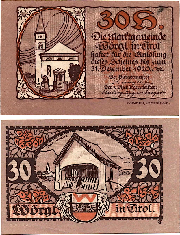 Alte deutsche 30-Pfennig-Banknote aus den 1930er Jahren mit einer Kirchenillustration in der Mitte, umgeben von Text.