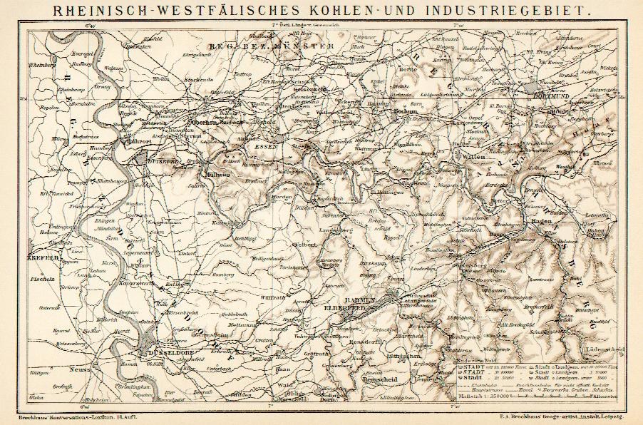 Alte detaillierte Karte des Rheinisch-Westfälischen Kohle- und Industriegebiets, die Flüsse, Berge und Städte mit Text oben und unten zeigt.