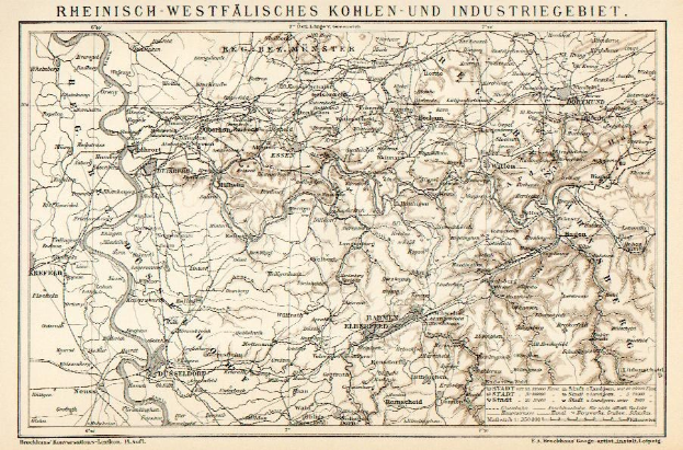 Alte detaillierte Karte des Rheinisch-Westfälischen Kohle- und Industriegebiets, die Flüsse, Berge und Städte mit Text oben und unten zeigt.