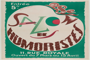 Ein Plakat, das eine Humoristenveranstaltung in Paris ankündigt und Text enthält, der die Angebote beschreibt.