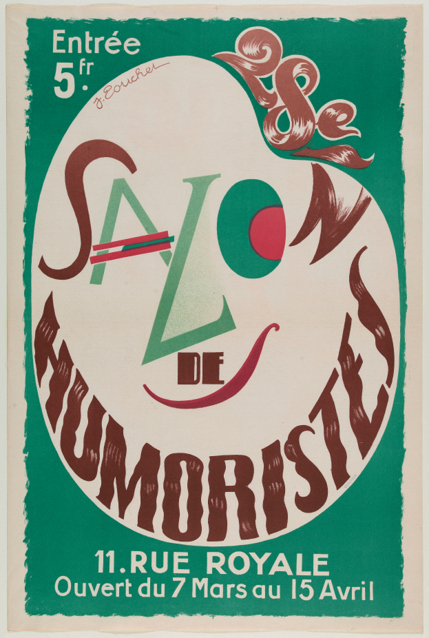 Ein Plakat, das eine Humoristenveranstaltung in Paris ankündigt und Text enthält, der die Angebote beschreibt.