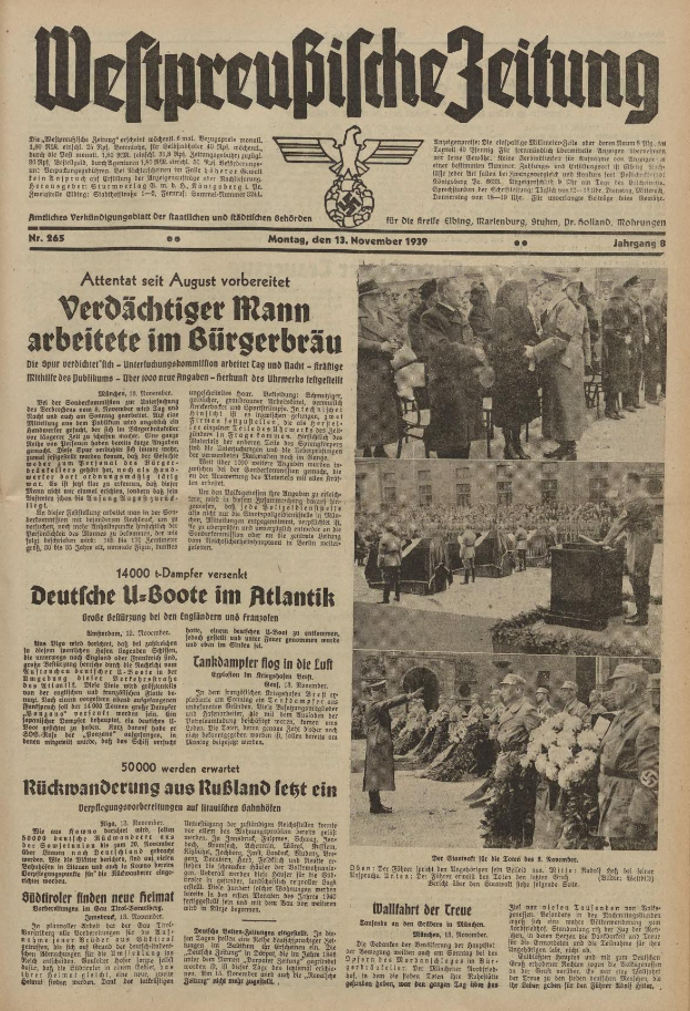 Schwarze-weiß-Titelseite einer deutschen Zeitung vom 13. November 1939 mit der Schlagzeile "Weitpreubliche Zeitung" und einem Foto von Menschen in traditioneller deutscher Tracht in einer feierlichen Atmosphäre.