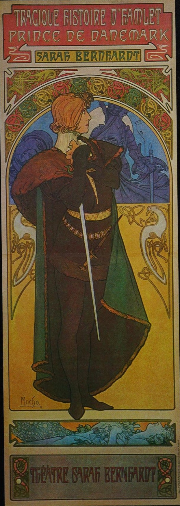 Plakat für ein Sarah Bernhardt-Stück mit einem Mann in einem grünen Umhang, der ein Schwert hält, vor einem tiefblauen Hintergrund mit Sternen.