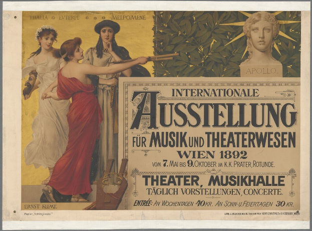 Plakat für die Internationale Ausstellung für Musik und Theaterwesen in Wien, Österreich, das eine Gruppe von Menschen in einem Kreis mit einer Frau, die ein Musikinstrument hält, zeigt und veranstaltungsbezogene Texte enthält.