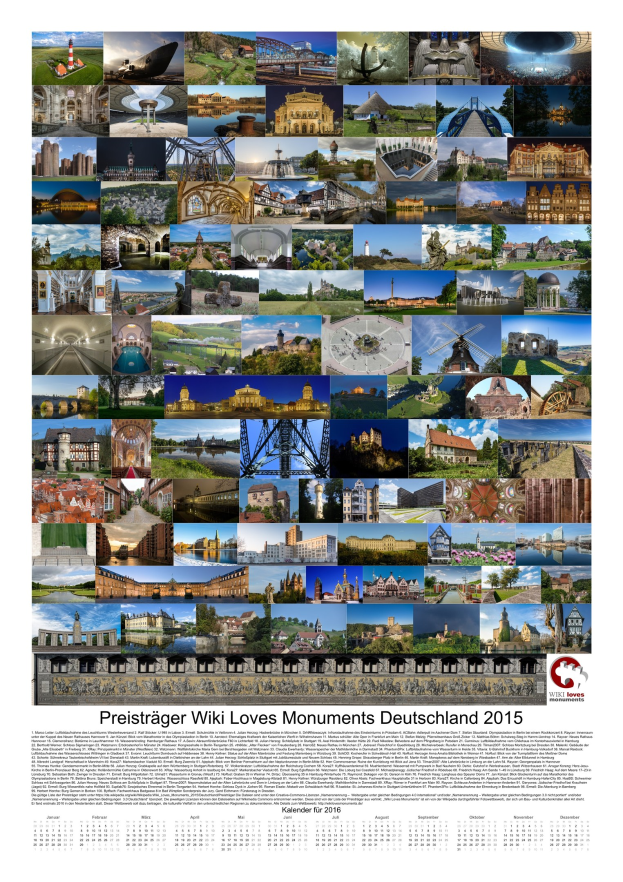 Ein Kalender mit dem Titel "Preisträger Wiki Loves Monuments Deutschland 2015" aus dem Jahr 2015, der ein Collage von deutschen Monumenten zeigt.