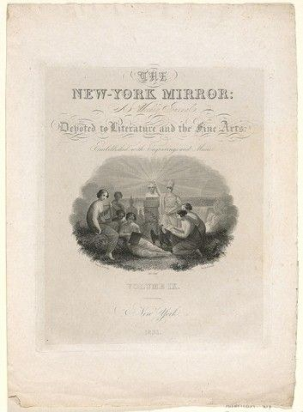 Eine historische Zeitungsüberschrift mit der Aufschrift "The New York Mirror: Gewidmet Literatur und den Schönen Künsten", die einen dekorativen Rahmen und umgeben von Figuren in traditioneller Kleidung zeigt, die den Text bewundern, vor einem hellblauen Hintergrund.