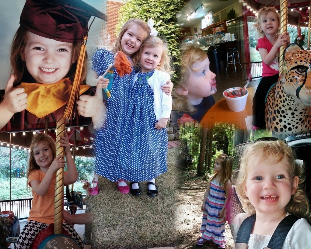 Collage mit Vergnügungspark-Fahrgeschäften, Kindern, einem Tisch mit Lebensmitteln, Besteck, Außenbereichen wie Bäumen und Büschen sowie verschiedenen Gegenständen einschließlich Lichter und einem Hut.