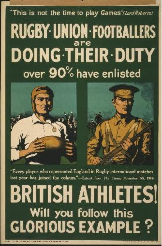 Plakat mit zwei Rugbyspielern in Militäruniform, mit Text über 90% einberufene britische Athleten