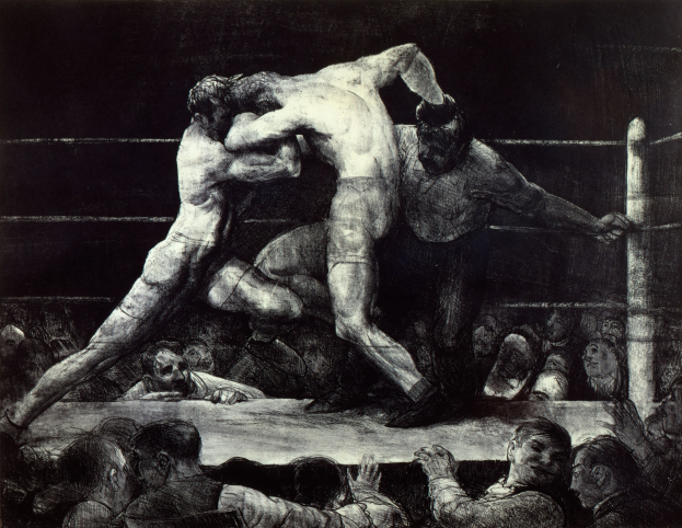 Schwarz-weiß-Zeichnung zweier Boxer im Ring, die sich gegenseitig mit Faustschlägen traktieren, während eine jubelnde Menge zusieht.