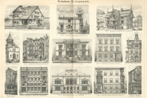 Eine Buchseite mit verschiedenen Gebäuden mit einzigartiger Architektur, begleitet von beschreibendem Text.